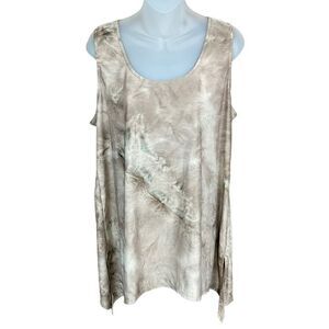 AB Studio Top Scoop Neck Tan White Shimmer Floral Embroidery Hem Side Slits XL